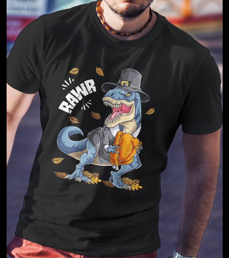 RAWR Dinosaur Thanksgiving Pilgrim T-Rex With Turkey Leaves T-Shirt