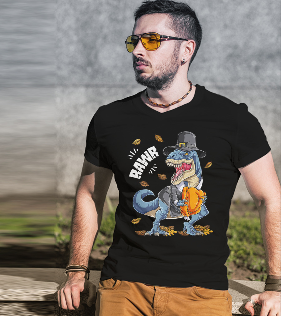 RAWR Dinosaur Thanksgiving Pilgrim T-Rex With Turkey Leaves T-Shirt