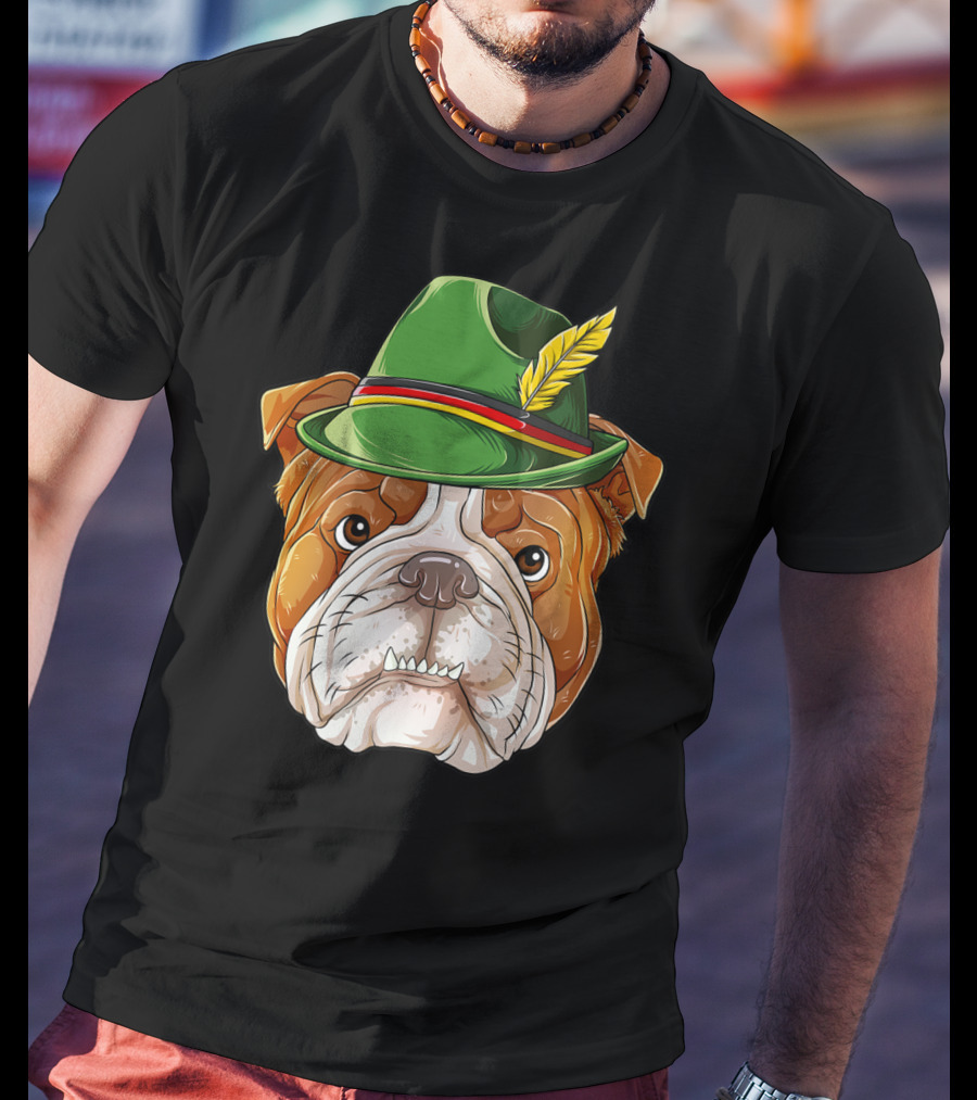 English Bulldog Oktoberfest Boys Lederhosen With Green Hat And Feather T-Shirt