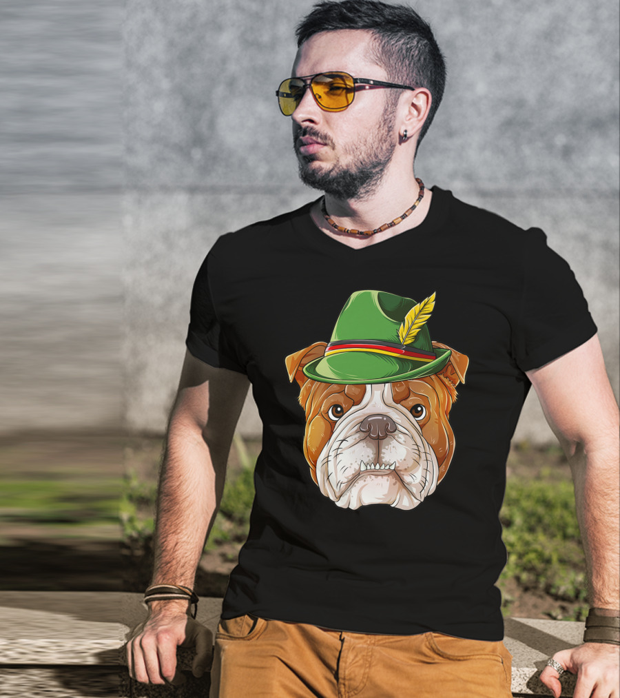 English Bulldog Oktoberfest Boys Lederhosen With Green Hat And Feather T-Shirt