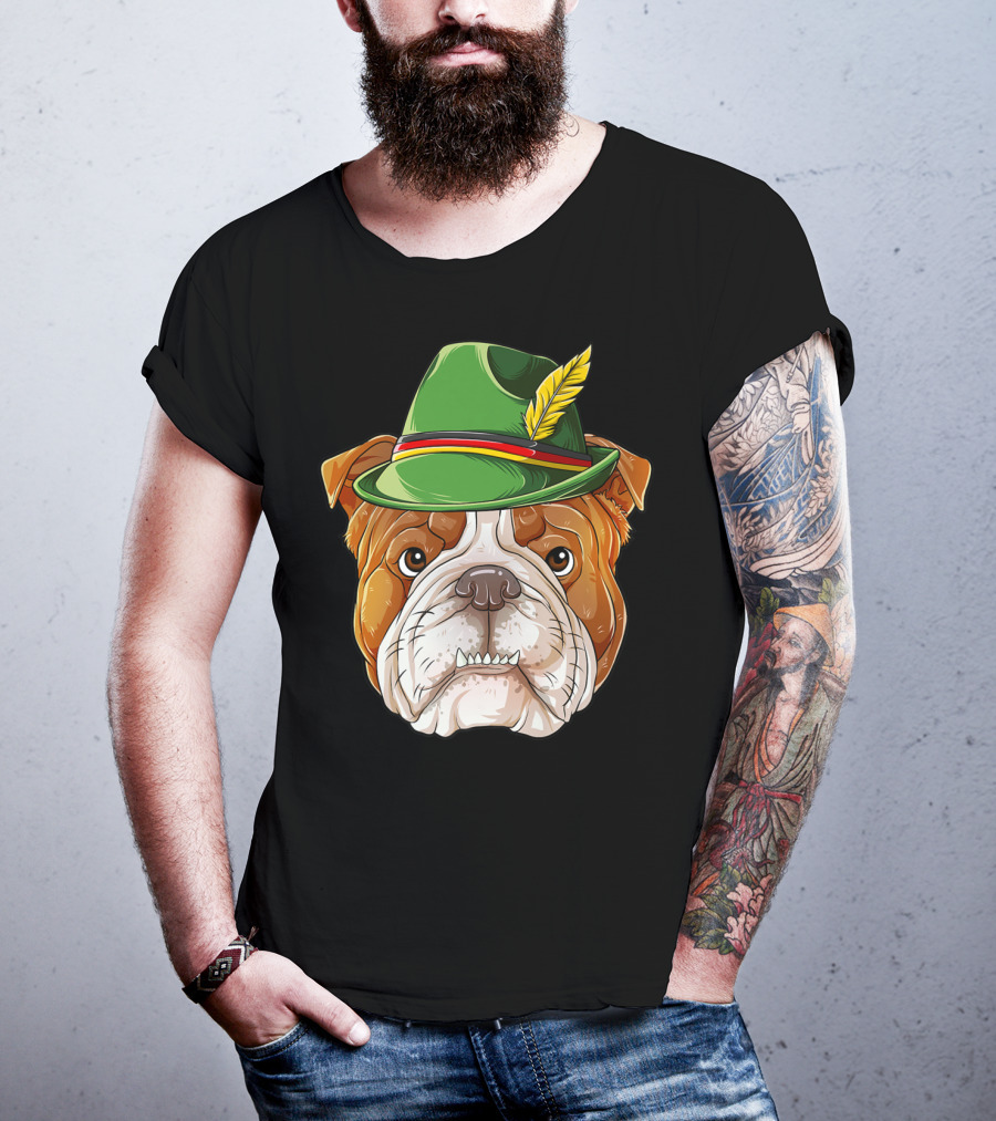 English Bulldog Oktoberfest Boys Lederhosen With Green Hat And Feather T-Shirt