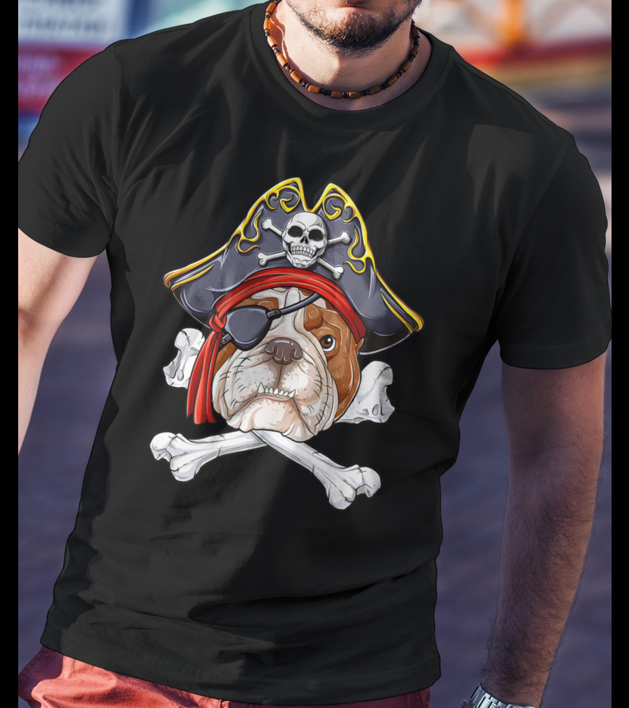 English Bulldog Wearing Pirate Hat With Jolly Roger Crossbones And Eyepatch T-Shirt
