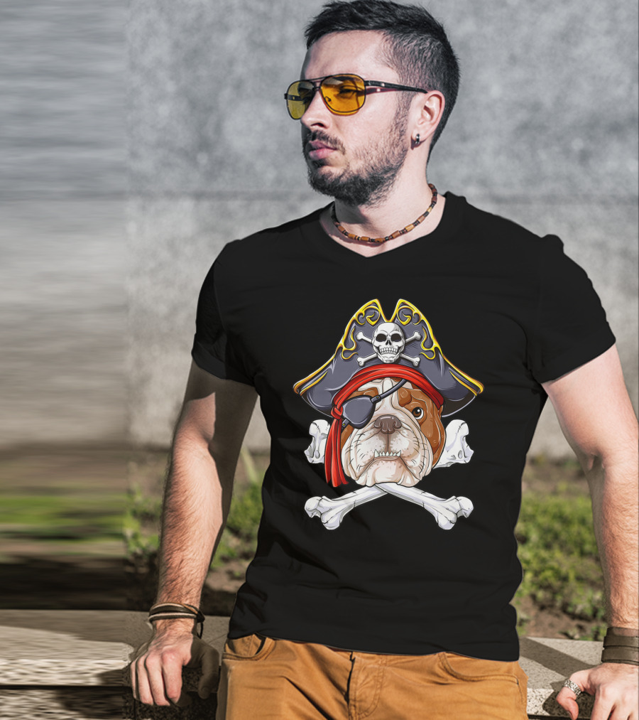 English Bulldog Wearing Pirate Hat With Jolly Roger Crossbones And Eyepatch T-Shirt