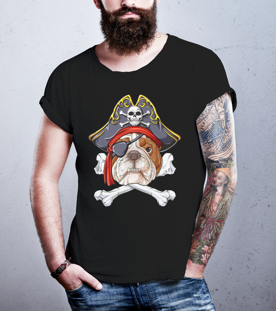 English Bulldog Wearing Pirate Hat With Jolly Roger Crossbones And Eyepatch T-Shirt