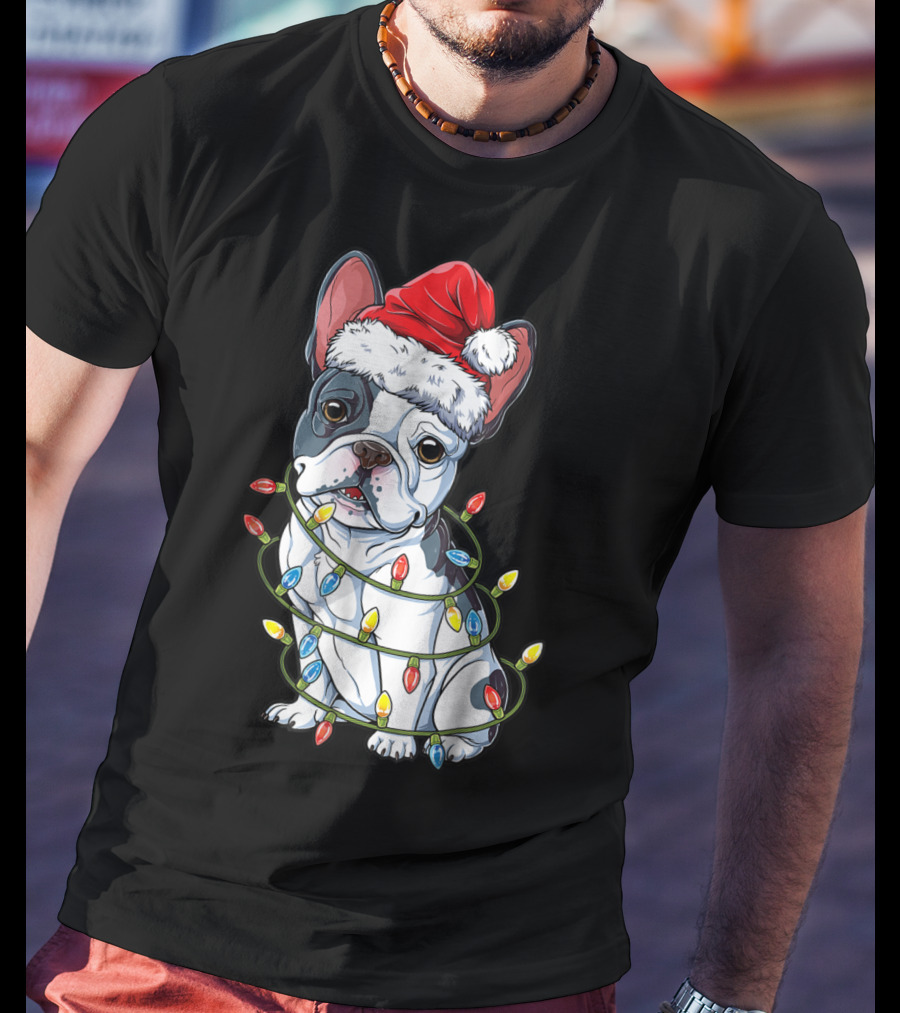 French Bulldog Christmas Santa Hat Wrapped In Xmas Lights T-Shirt
