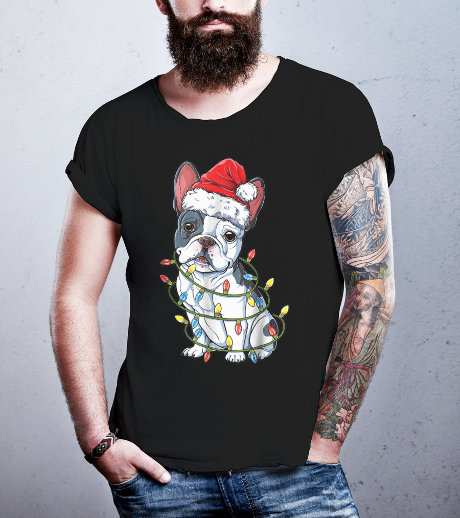 French Bulldog Christmas Santa Hat Wrapped In Xmas Lights T-Shirt