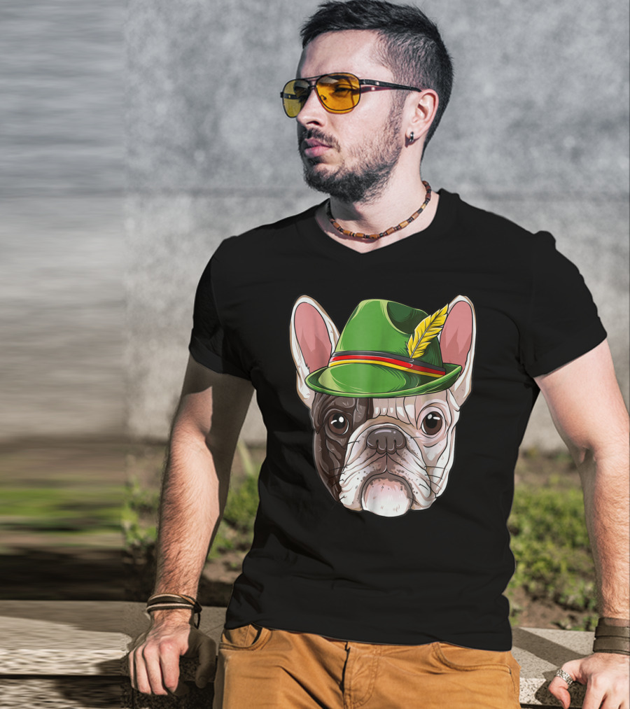 French Bulldog In Green Oktoberfest Hat With Feather T-Shirt