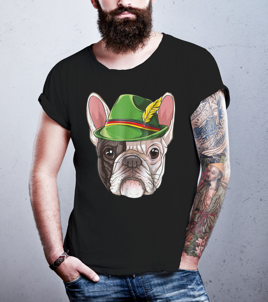 French Bulldog In Green Oktoberfest Hat With Feather T-Shirt