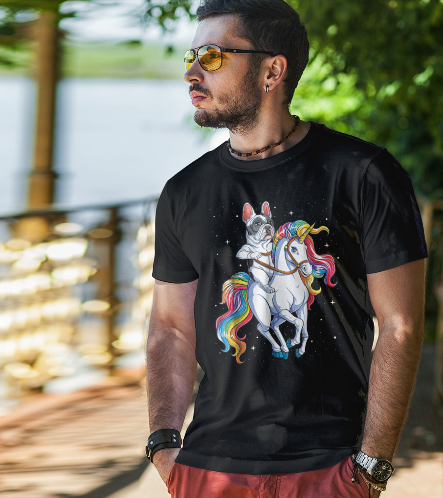 French Bulldog Riding Unicorn In Space Galaxy T-Shirt