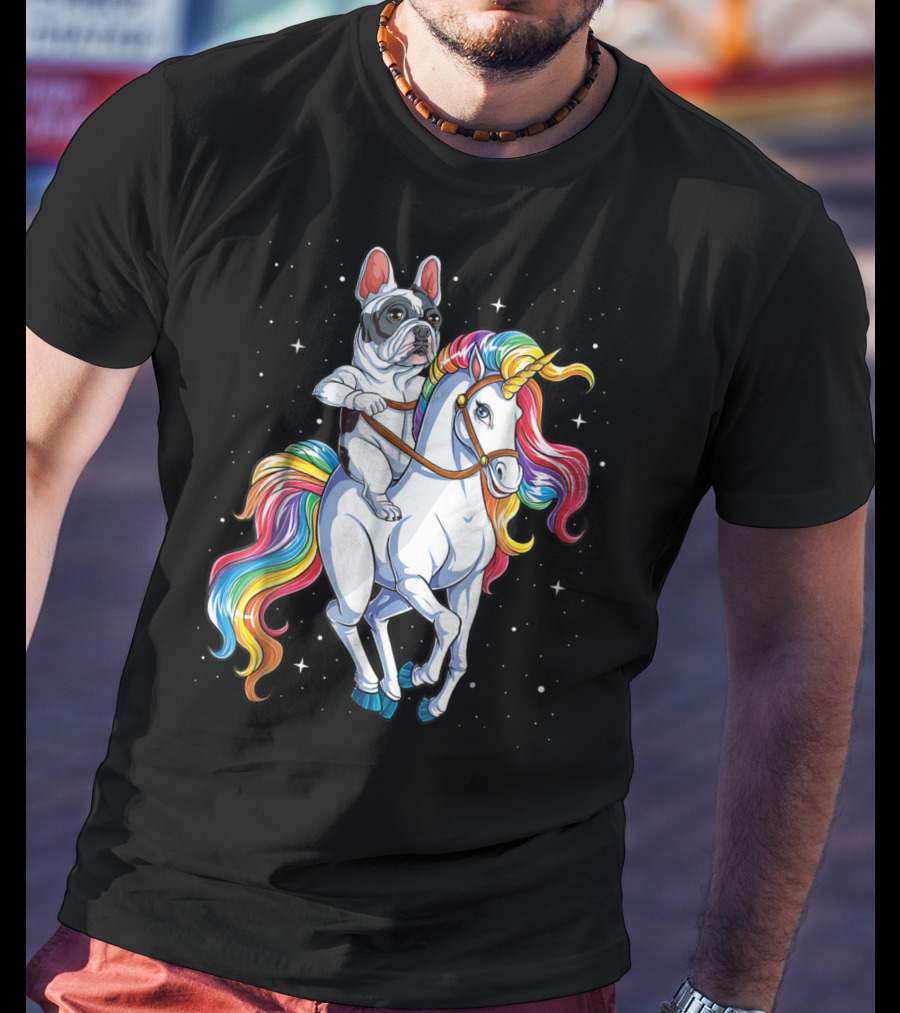 French Bulldog Riding Unicorn In Space Galaxy T-Shirt