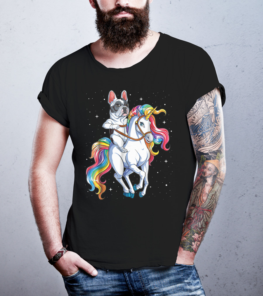 French Bulldog Riding Unicorn In Space Galaxy T-Shirt