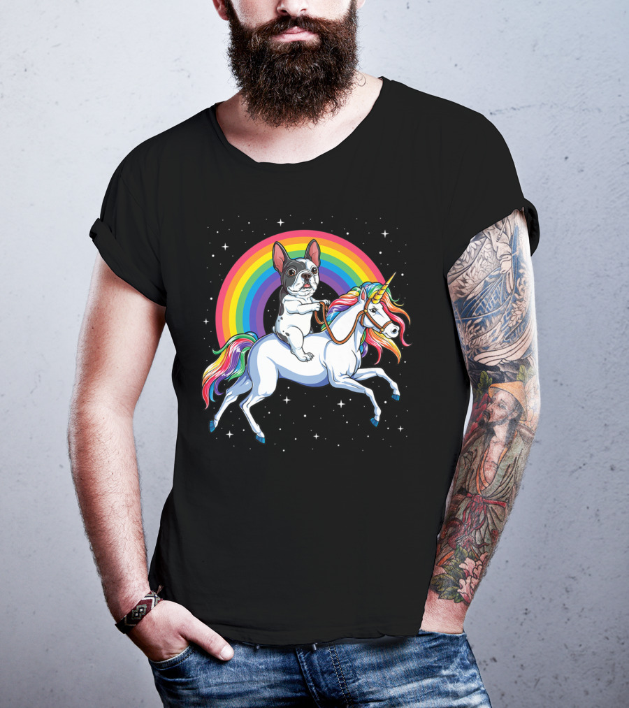 French Bulldog Riding Unicorn Rainbow Space Galaxy T-Shirt