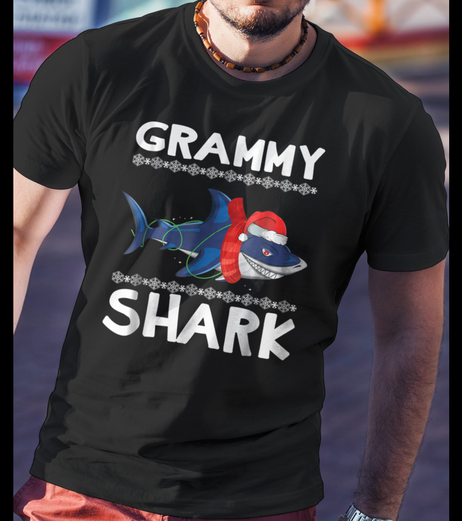 Grammy Shark Christmas Family With Santa Hat And Scarf T-Shirt