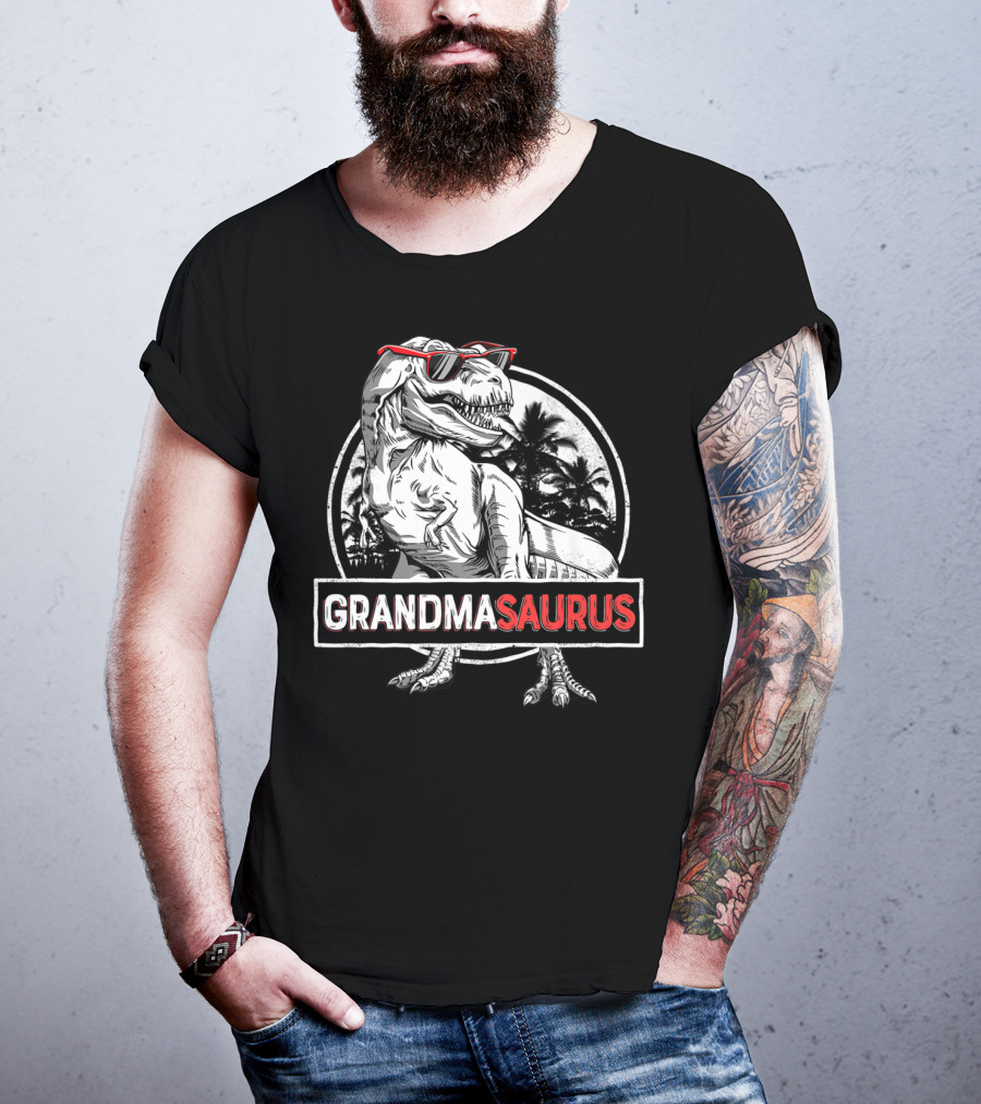 Grandmasaurus Rex Dinosaur Vintage Palm Trees Sunglasses T-Shirt