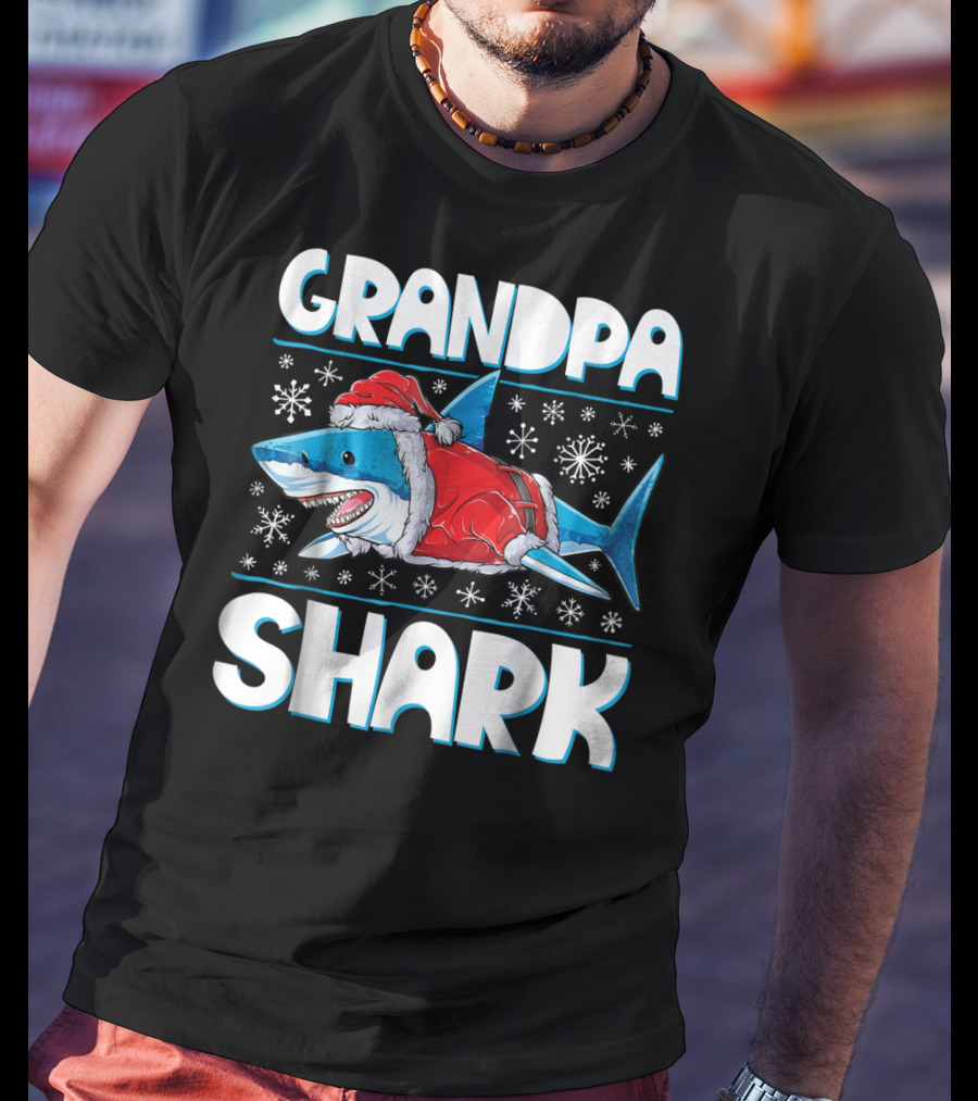 Grandpa Shark Santa With Snowflakes T-Shirt
