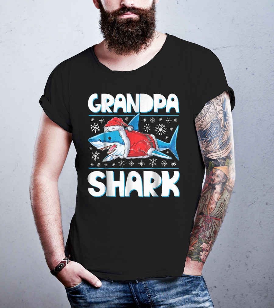 Grandpa Shark Santa With Snowflakes T-Shirt
