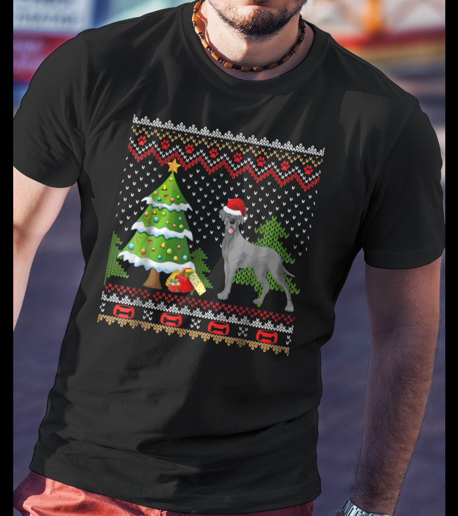 Great Danes Santa Christmas UglyDog Holiday Sweater Tree Present T-Shirt