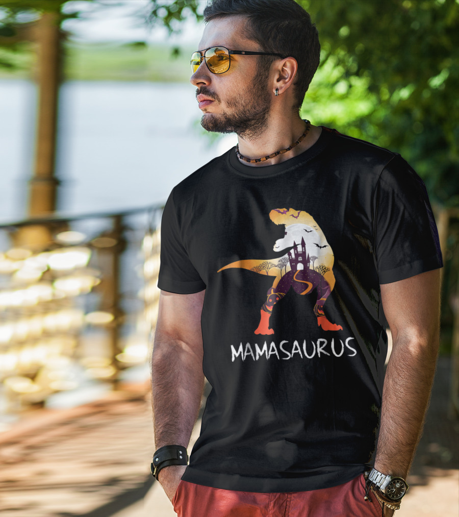Mamasaurus Halloween Castle Bats T-Rex Scene T-Shirt