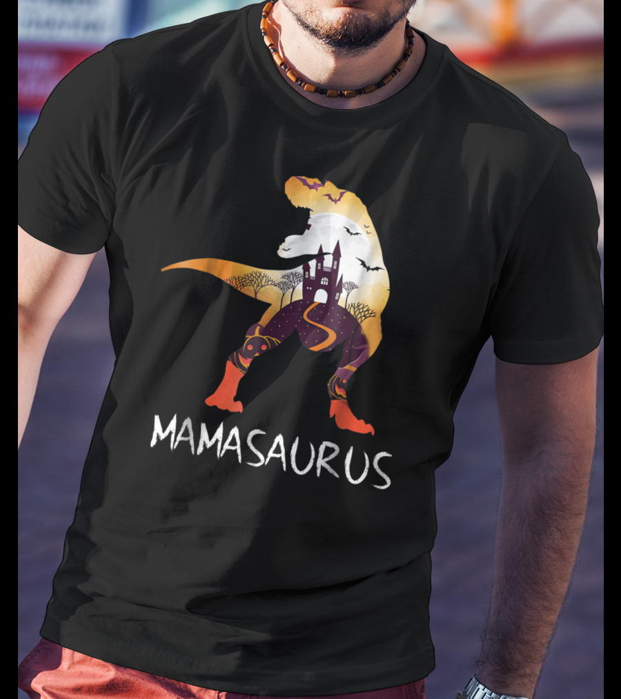 Mamasaurus Halloween Castle Bats T-Rex Scene T-Shirt