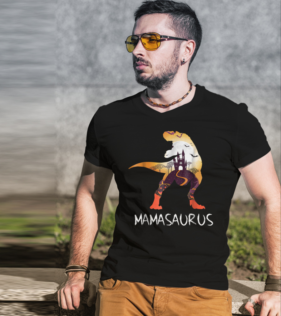 Mamasaurus Halloween Castle Bats T-Rex Scene T-Shirt