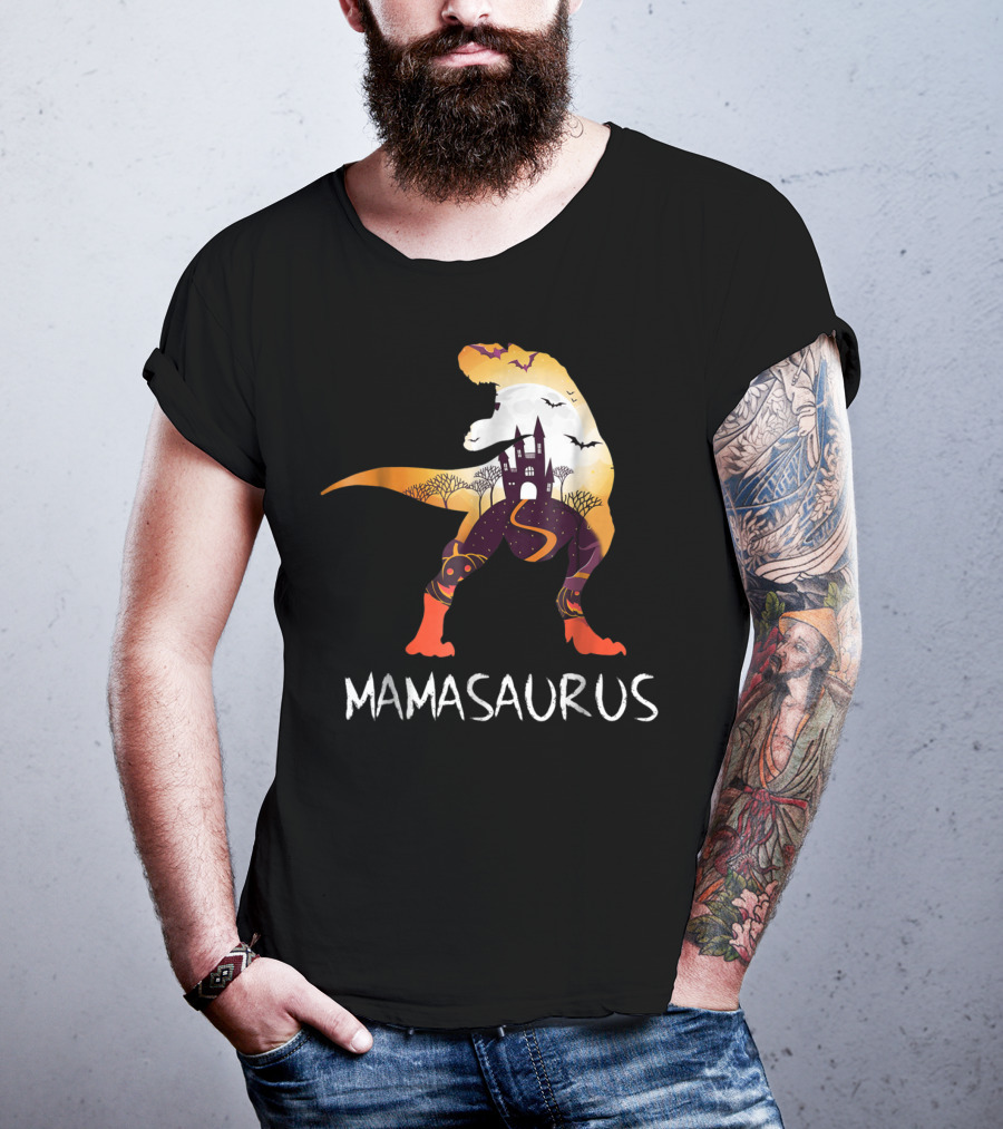 Mamasaurus Halloween Castle Bats T-Rex Scene T-Shirt