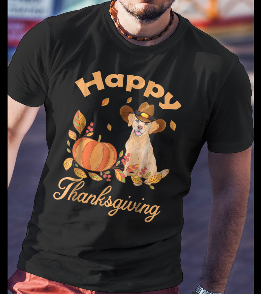 Happy Thanksgiving Golden Retriever With Pumpkin And Leaves T-Shirt