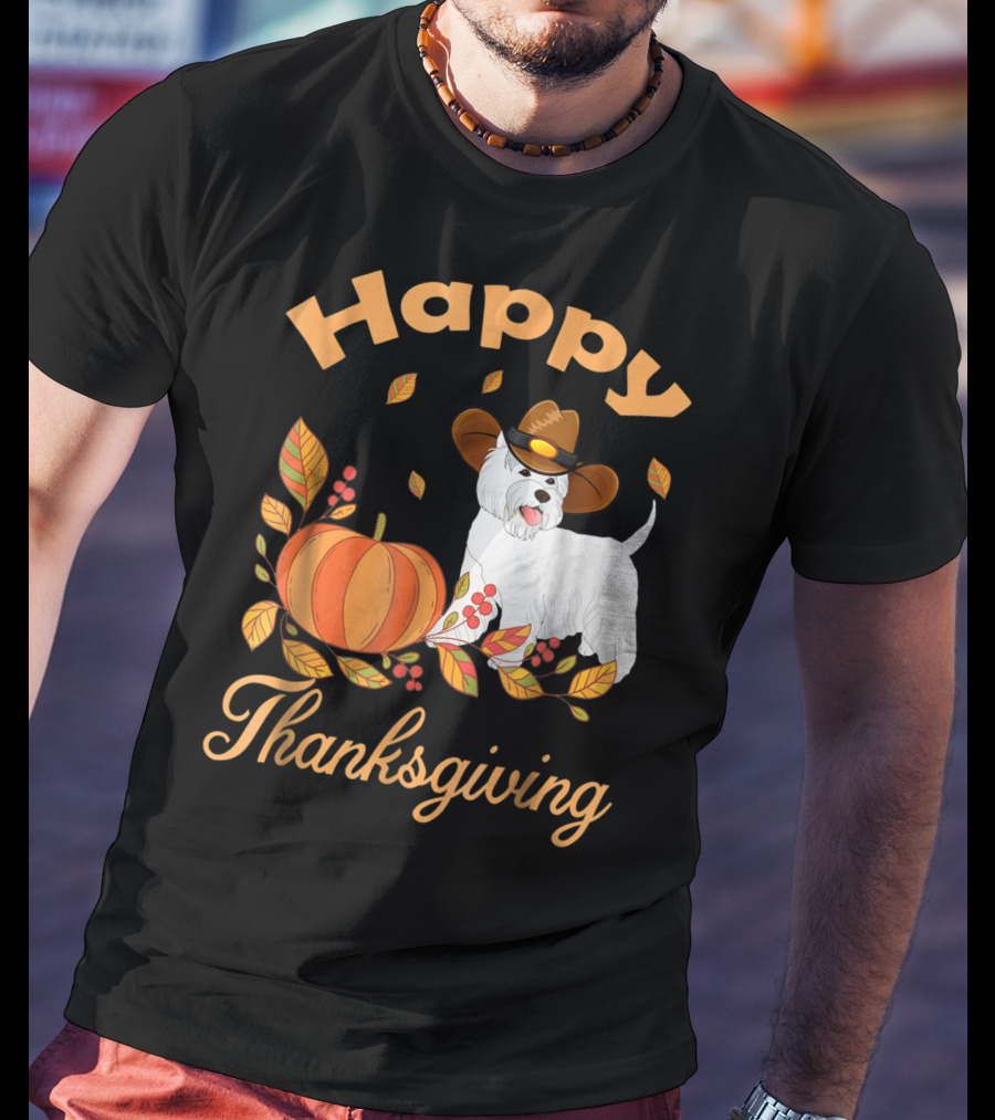Happy Thanksgiving Westie Pilgrim Dog With Pumpkin And Leaves T-Shirt