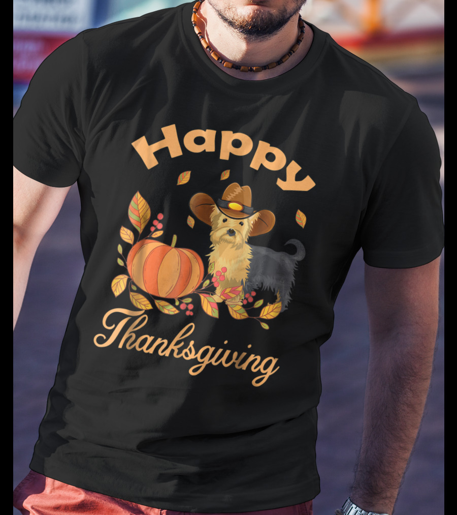 Happy Thanksgiving Yorkie With Pilgrim Hat And Autumn Pumpkin Leaves T-Shirt