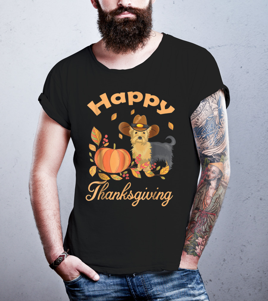 Happy Thanksgiving Yorkie With Pilgrim Hat And Autumn Pumpkin Leaves T-Shirt