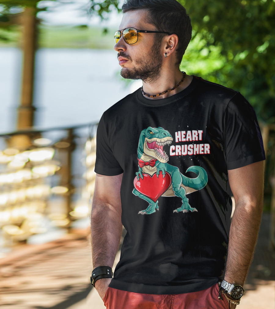 Heart Crusher Valentines Day Dinosaur Rex Bowtie Holding Heart T-Shirt