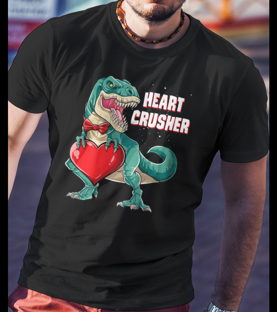 Heart Crusher Valentines Day Dinosaur Rex Bowtie Holding Heart T-Shirt
