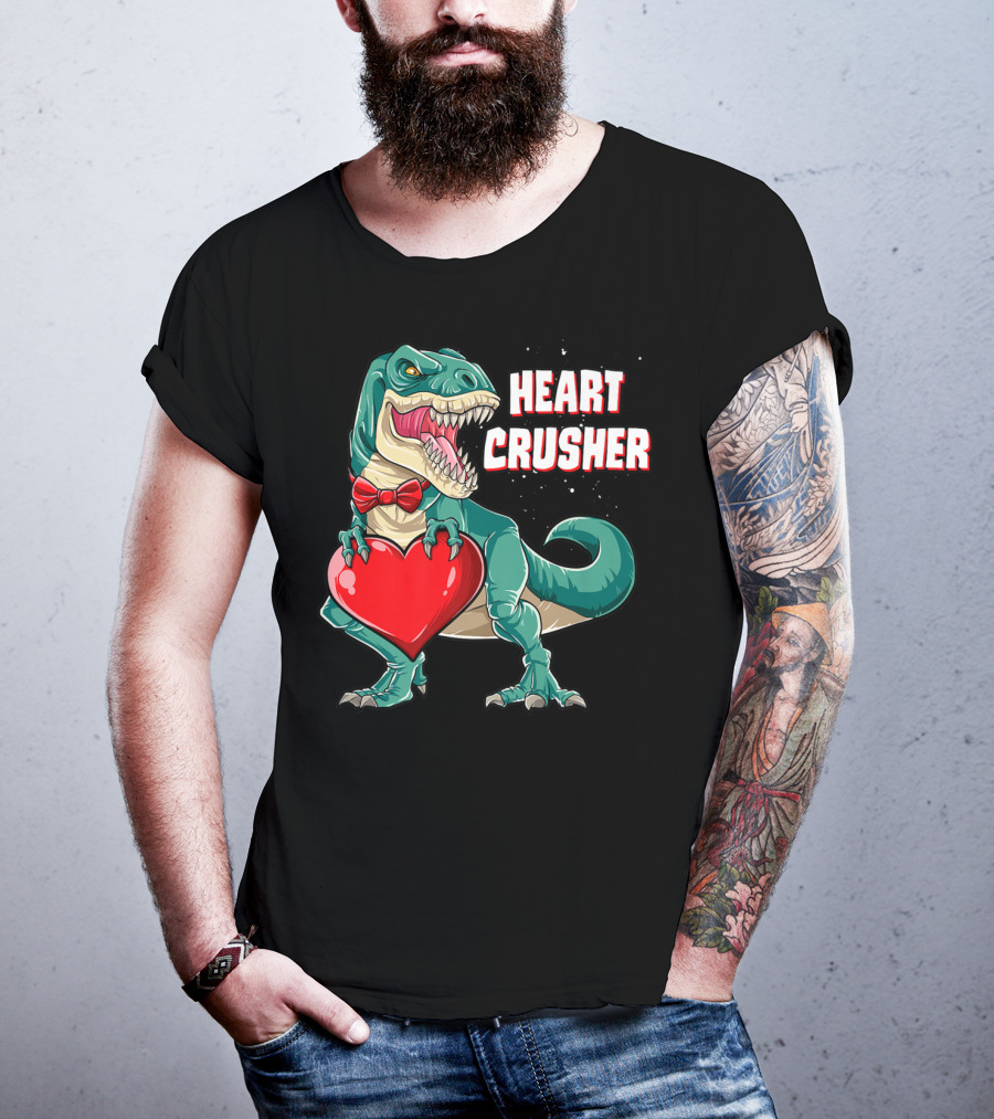 Heart Crusher Valentines Day Dinosaur Rex Bowtie Holding Heart T-Shirt