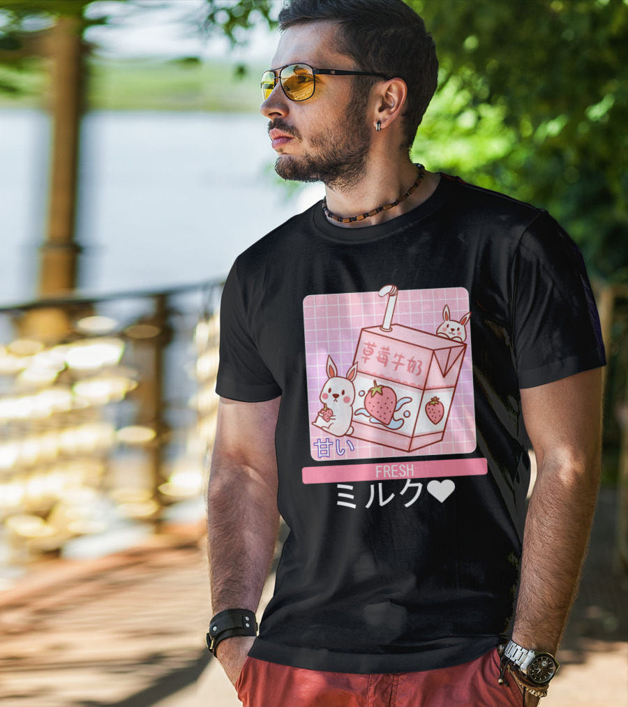 Fresh  Strawberry Milk Carton With Cute Bunny Aesthetic T-Shirt