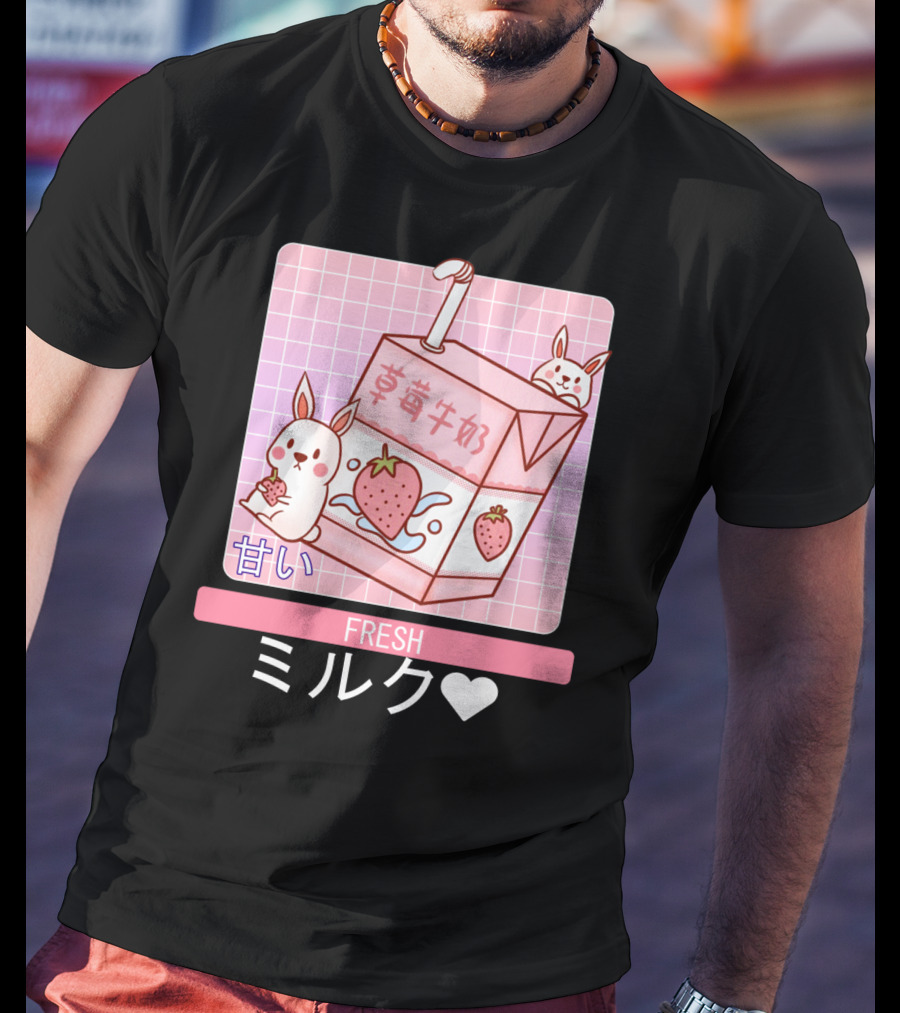 Fresh  Strawberry Milk Carton With Cute Bunny Aesthetic T-Shirt