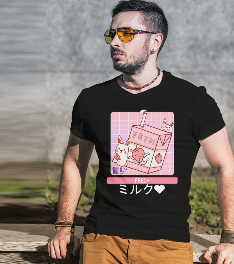 Fresh  Strawberry Milk Carton With Cute Bunny Aesthetic T-Shirt