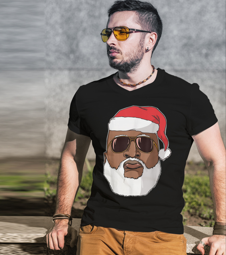 African American Santa With Sunglasses And Santa Hat T-Shirt