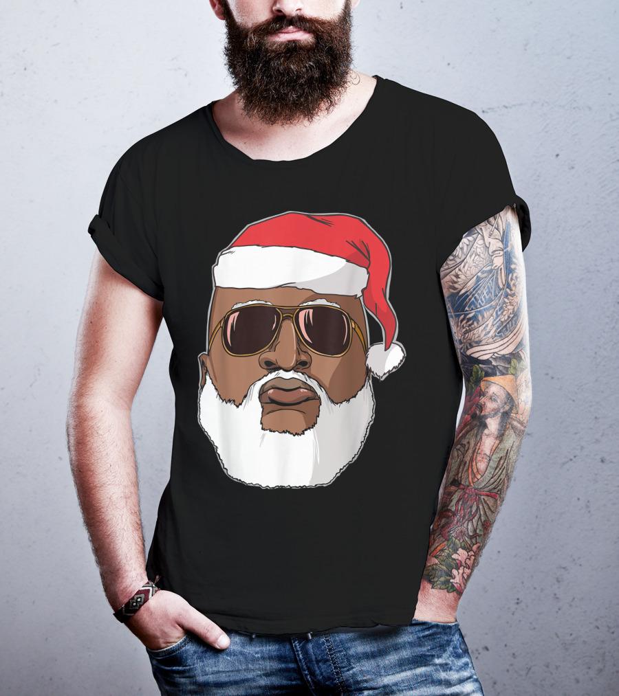African American Santa With Sunglasses And Santa Hat T-Shirt