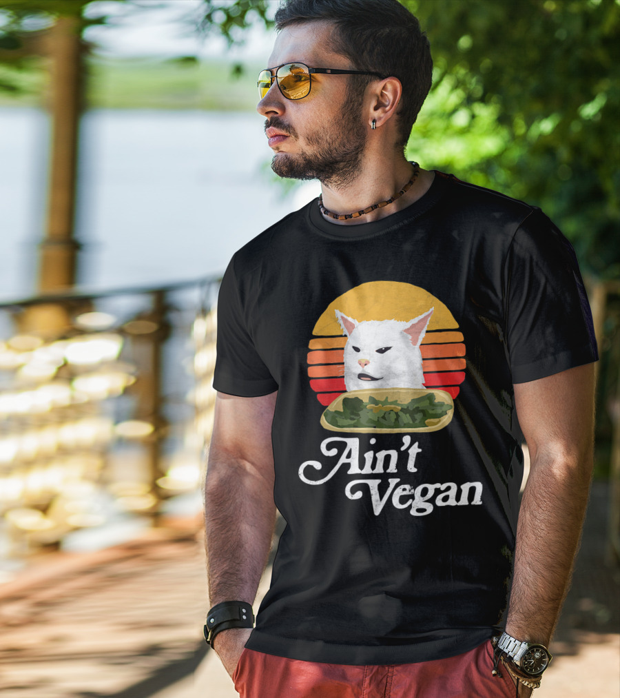 Ain't Vegan Arguing White Cat Retro Sunset T-Shirt