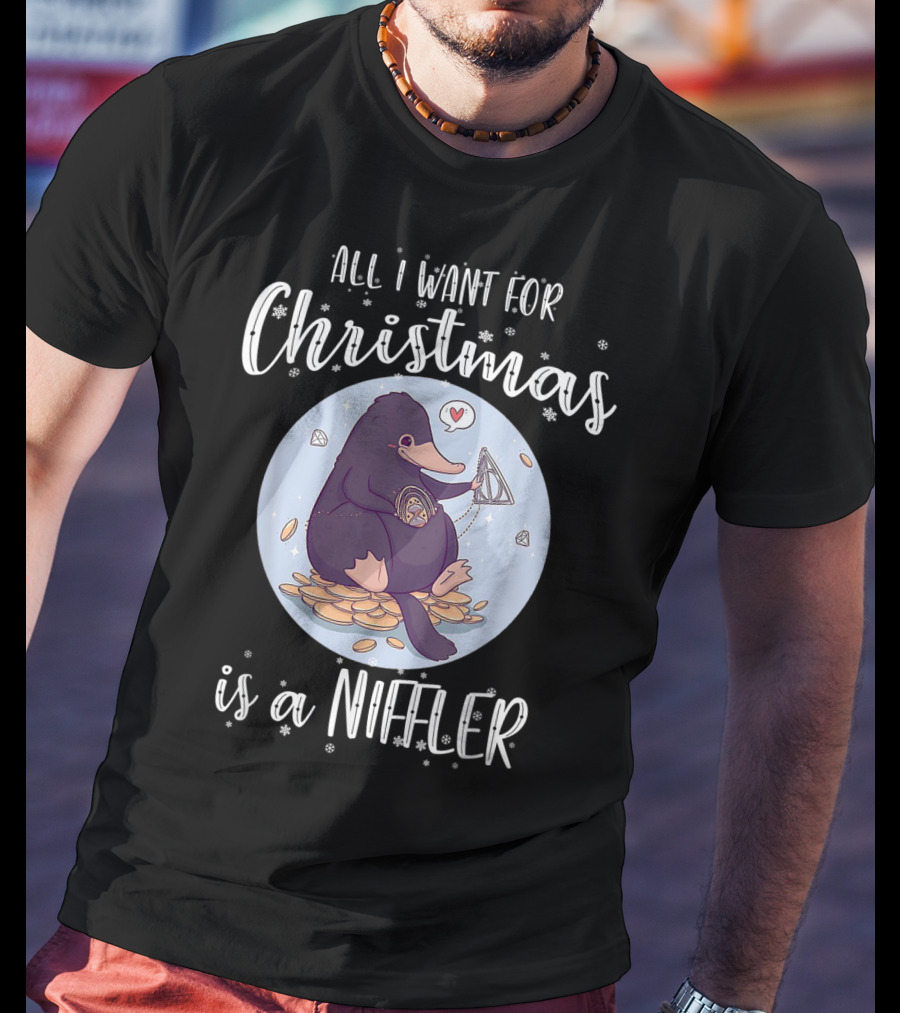 All I Want For Christmas Is A Niffler Snowflakes Coins Jewel Heart Balloon T-Shirt