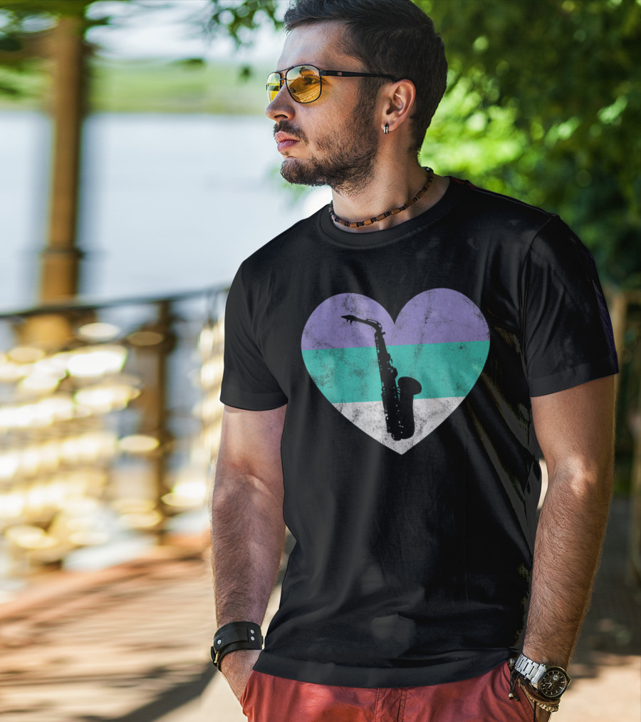 Heart With Alto Saxophone Silhouette And Pastel Stripes T-Shirt