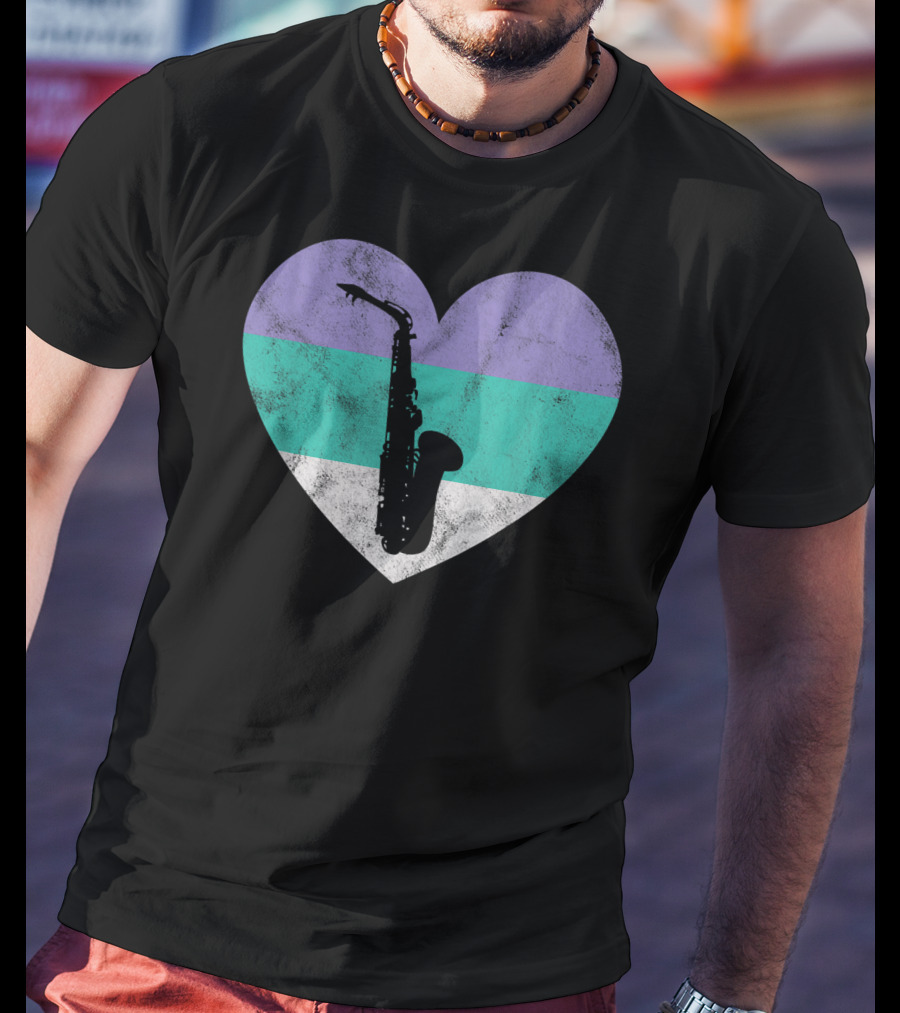 Heart With Alto Saxophone Silhouette And Pastel Stripes T-Shirt