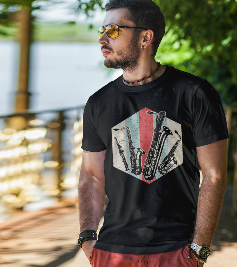 Alto Tenor Soprano Baritone Saxophone Sax Retro Hexagon T-Shirt