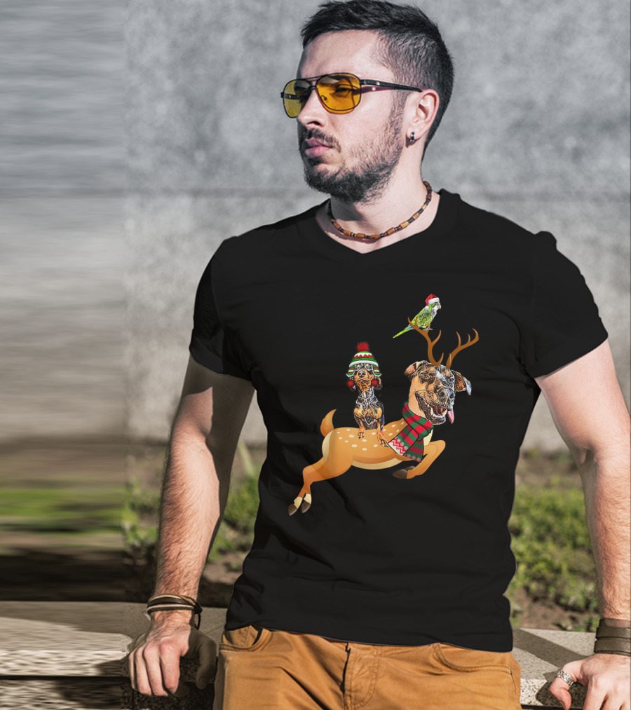 At's Andy And Thanri Reindeer Dog Duo With Santa Parrot T-Shirt