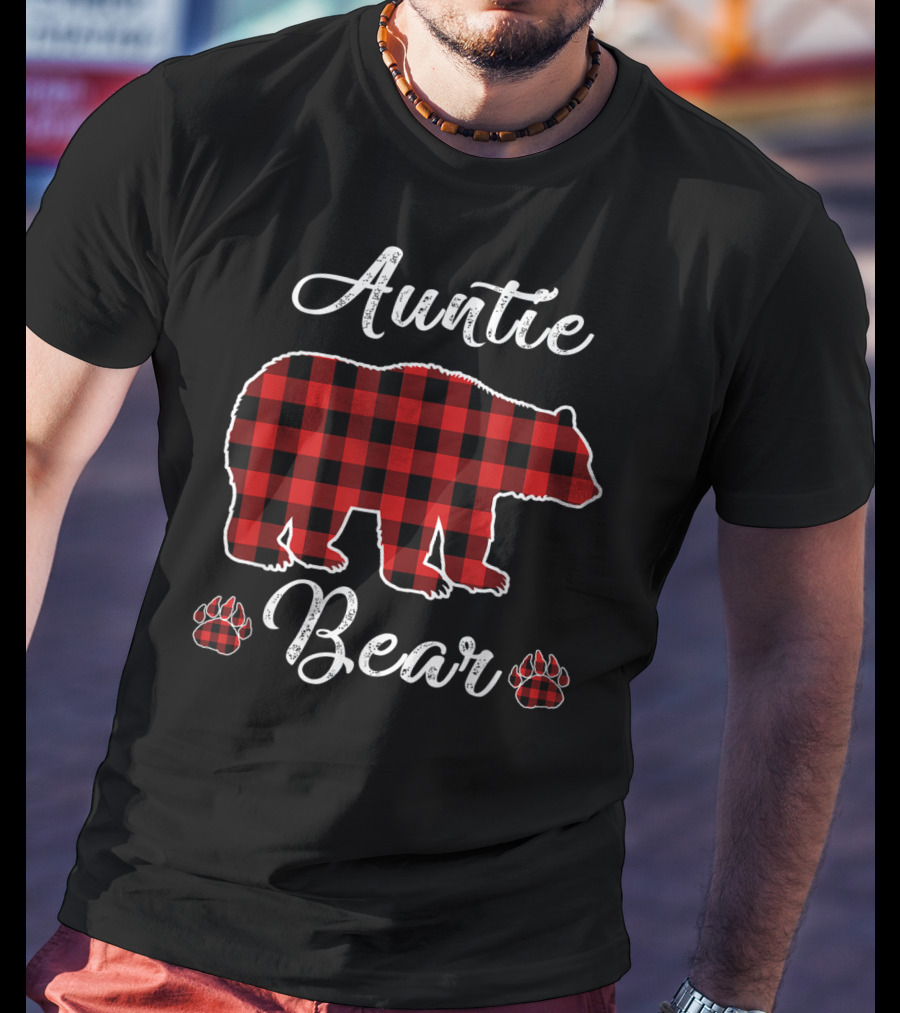 Auntie Bear Red Plaid Buffalo Christmas T-Shirt