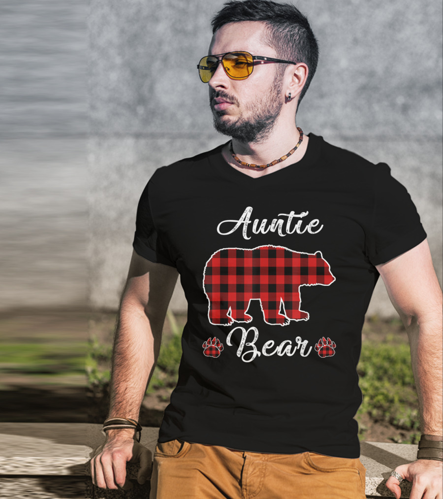 Auntie Bear Red Plaid Buffalo Christmas T-Shirt