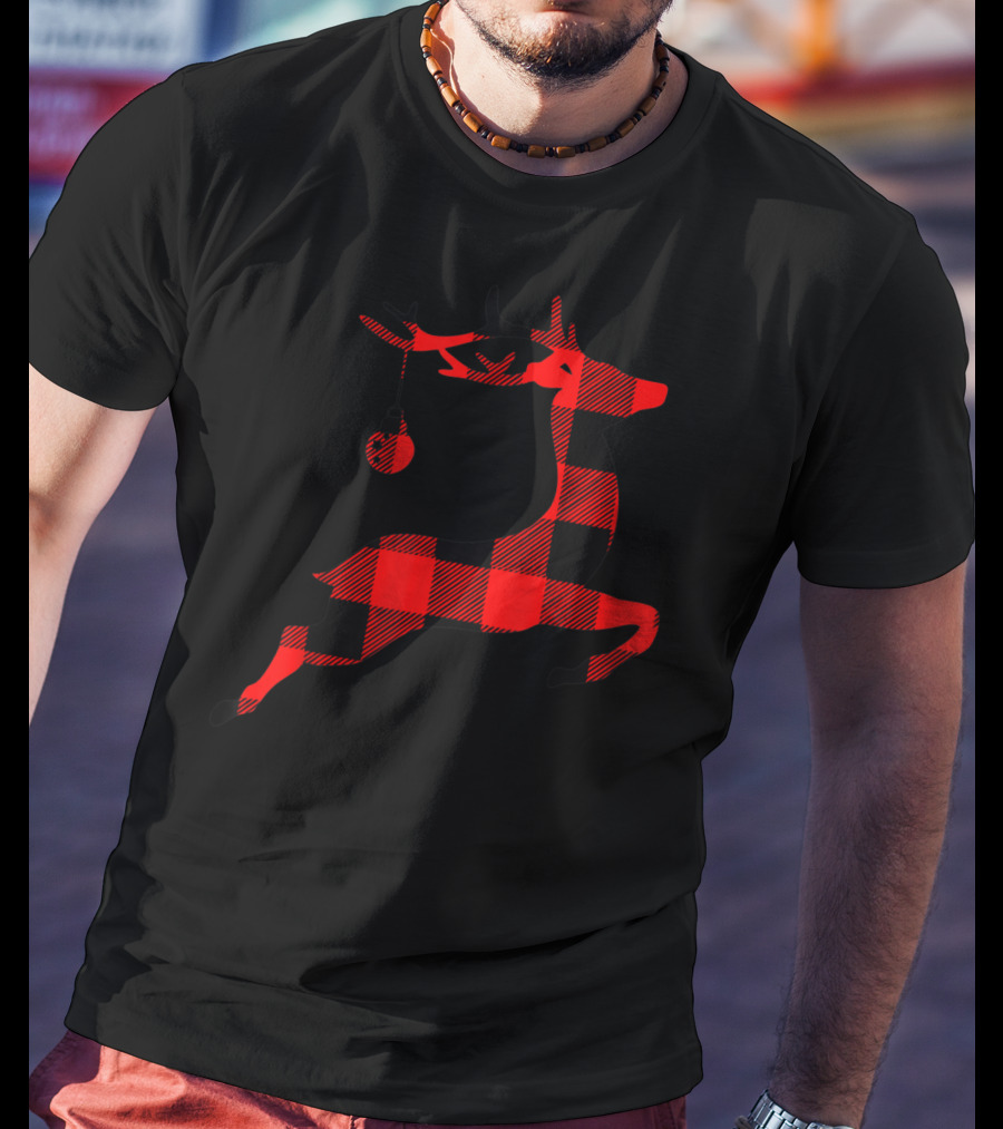 Festive Black And Red Plaid Reindeer Silhouette T-Shirt