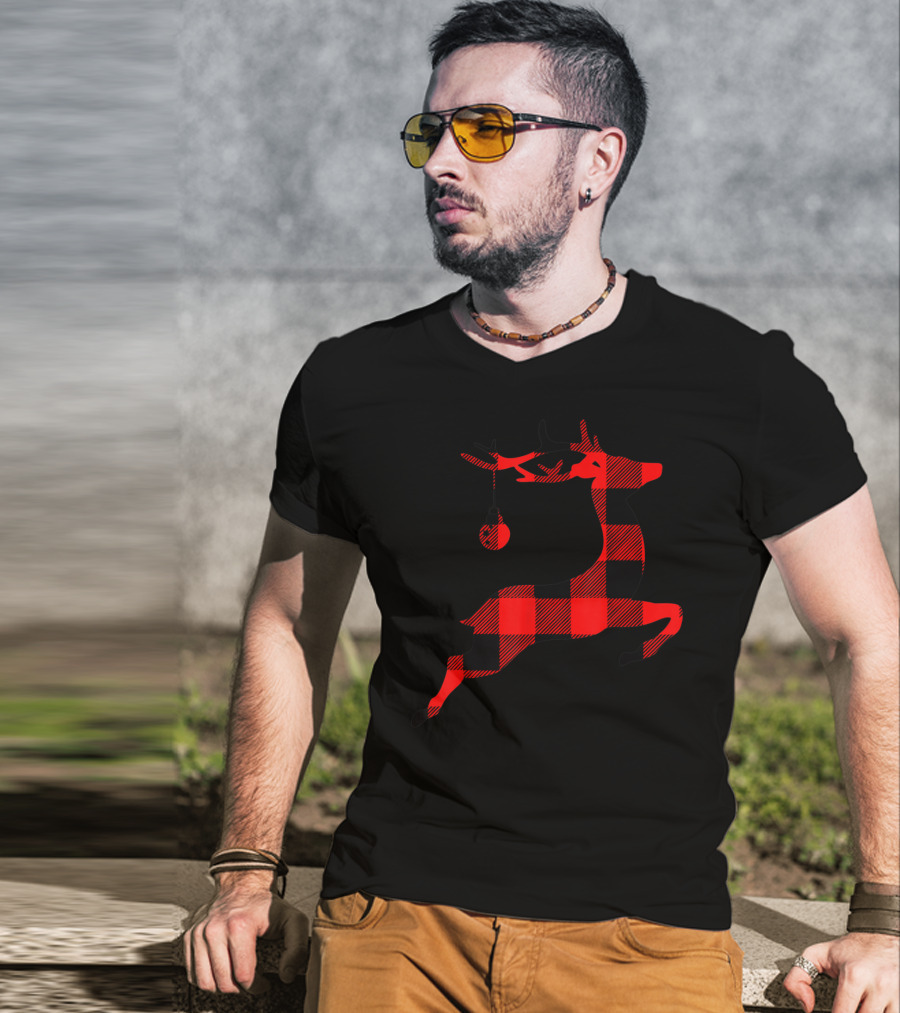 Festive Black And Red Plaid Reindeer Silhouette T-Shirt