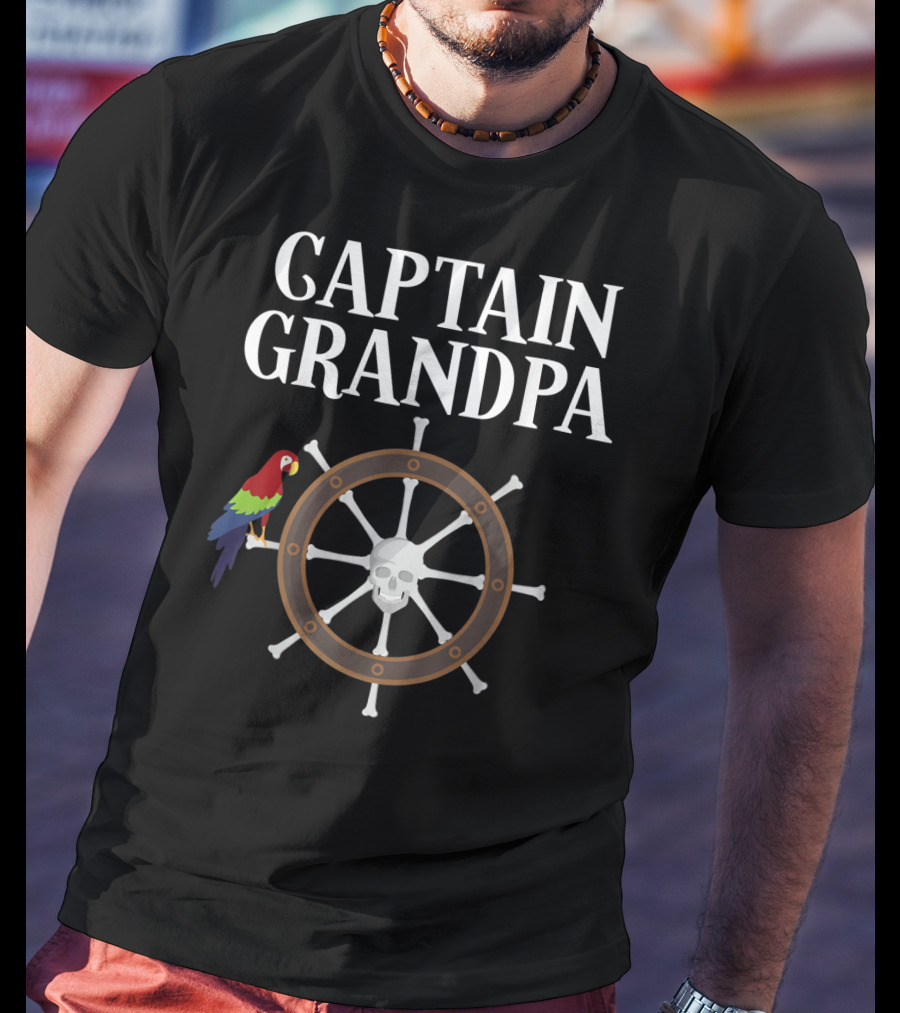 Captain Grandpa Parrot Skull Ship Wheel T-Shirt