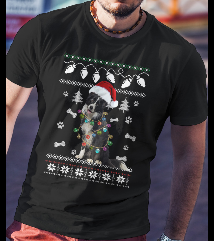 Border Collie Christmas Lights Santa Hat Paw Prints Festive T-Shirt