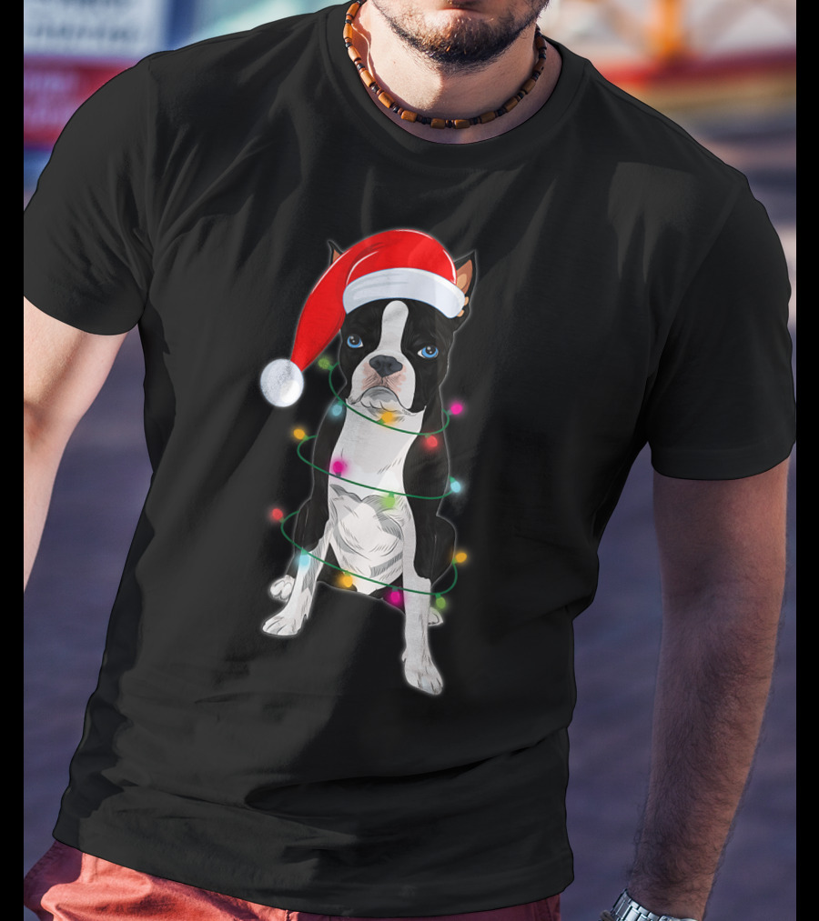 Boston Terrier Wrapped In Christmas Lights With Santa Hat T-Shirt